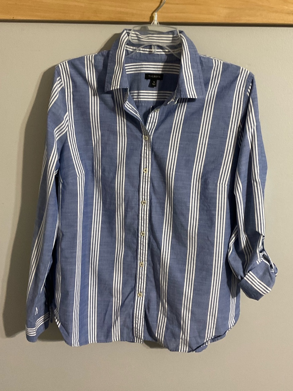 Talbots Blue and White Classic Vertical Stripe Button-Down Shirt Size 14